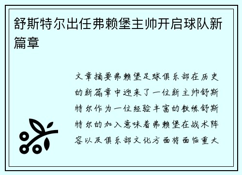 舒斯特尔出任弗赖堡主帅开启球队新篇章 舒斯特尔出任弗赖堡主帅开启球队新篇章